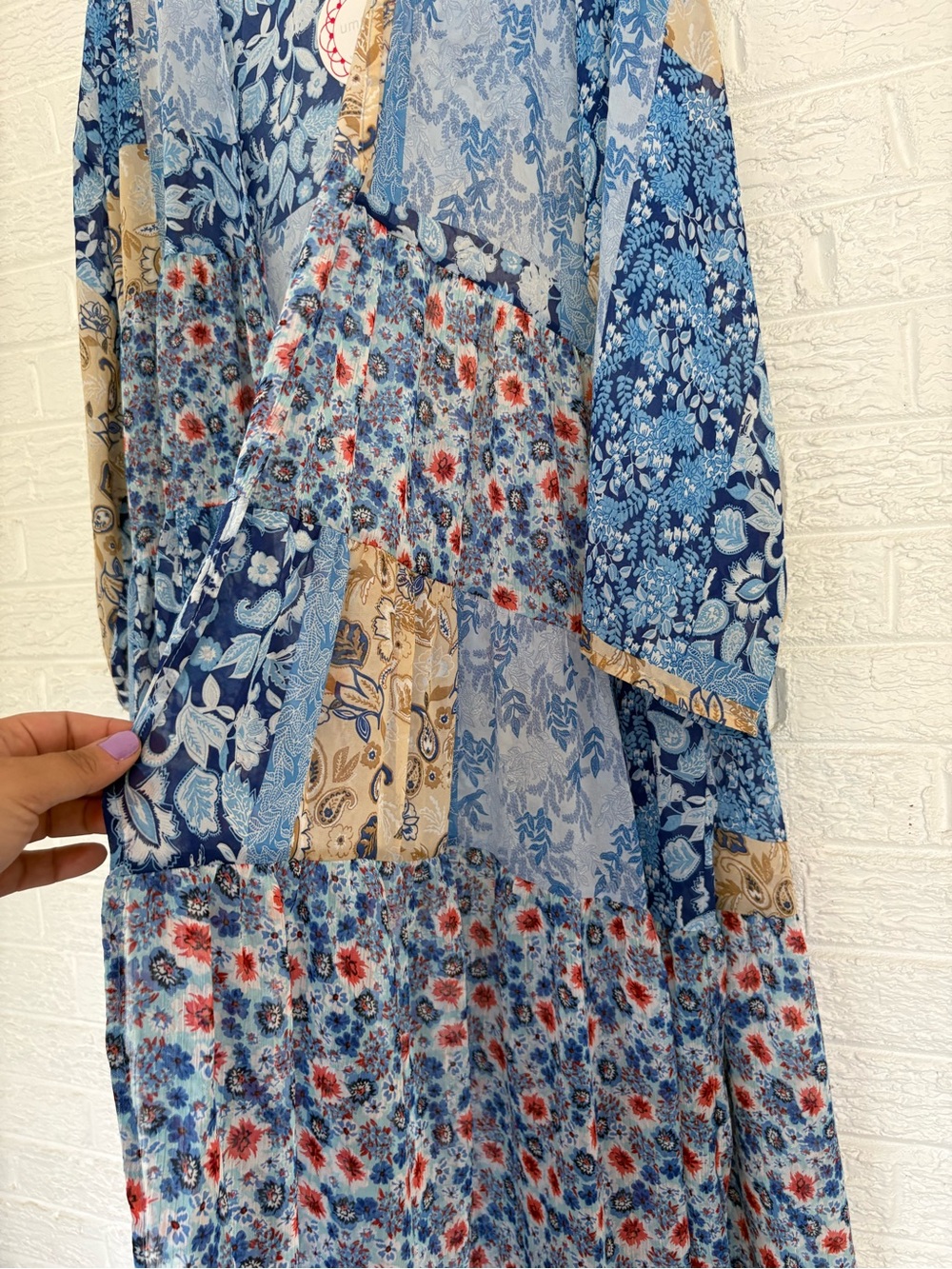 Umgee Blue Floral Patchwork 3/4 sleeve Kimono - Picture 7 of 8